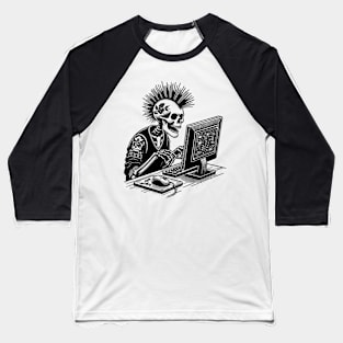 Punk Rock Goth Skeleton on Computer Vintage Style Baseball T-Shirt